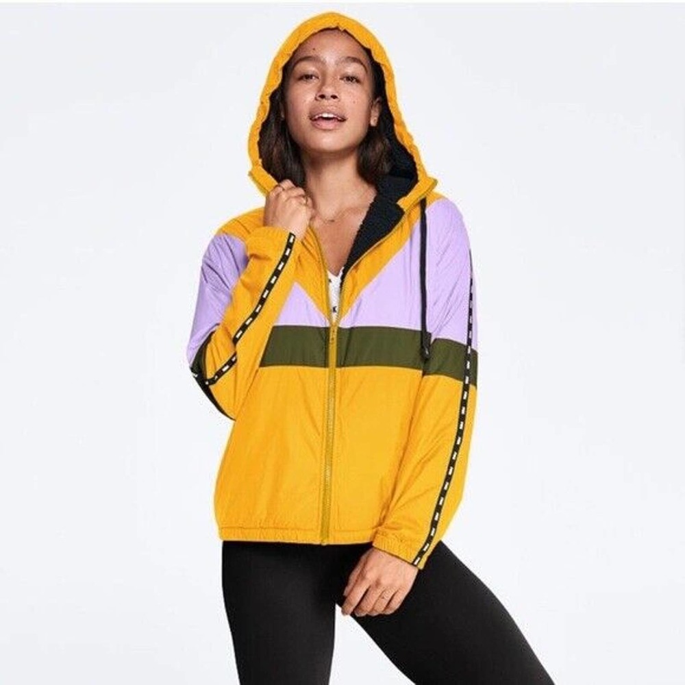 🌵 Victoria's Secret Yellow & Purple Colorblock Sherpa Lined Hooded Jacket - XS